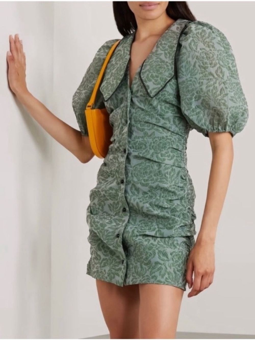 Ganni Sage Green Textured Puff Sleeve Button Mini Dress